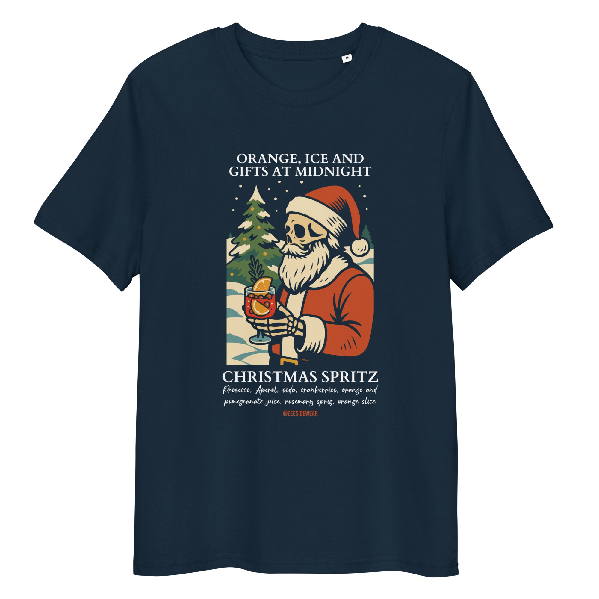 Christmas Spritz T-shirt: cocktails, irony, and a skull-like Santa Claus